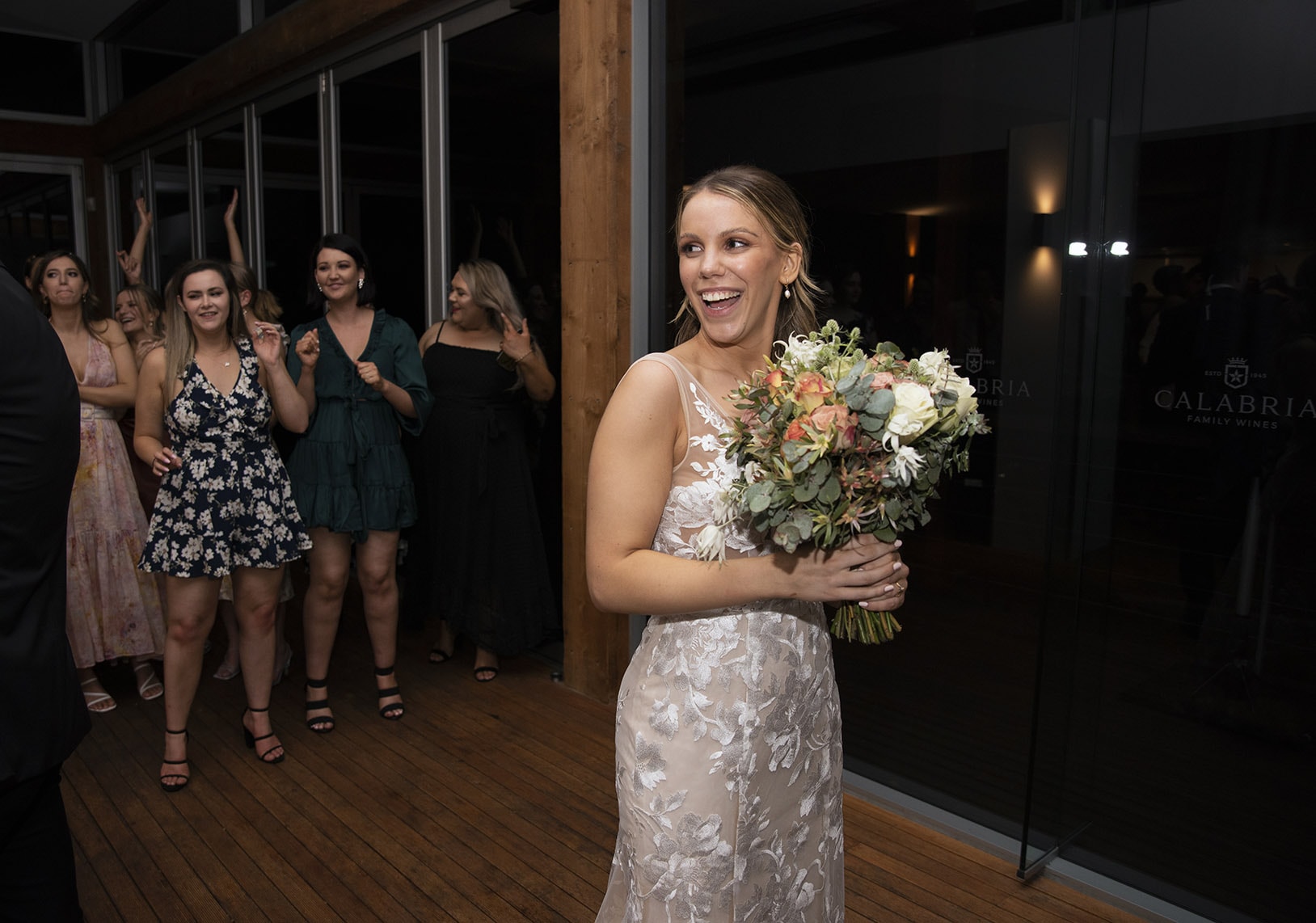 seppeltsfield winery wedding - tahlia & alex 90 Bride about to throw Bouquet at Harvest Kitchen