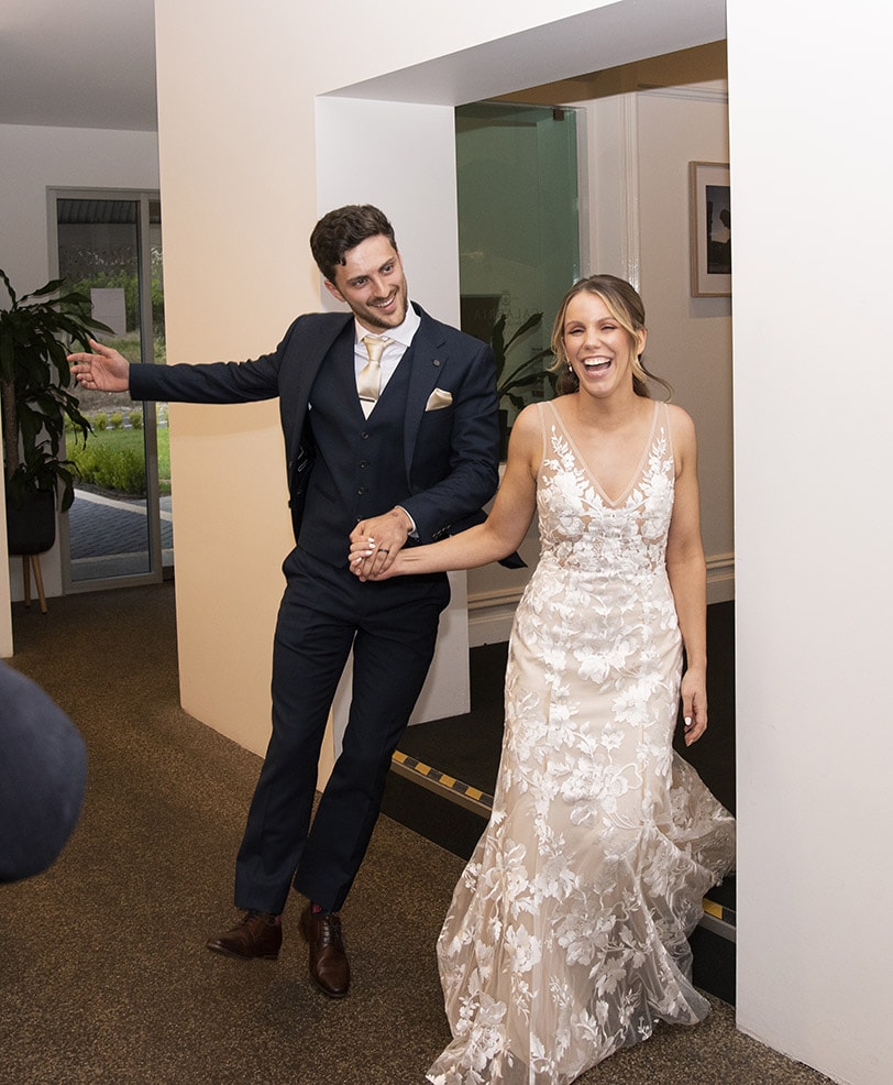 seppeltsfield winery wedding - tahlia & alex 76 Bride and groom entrance at Harvest Kitchen