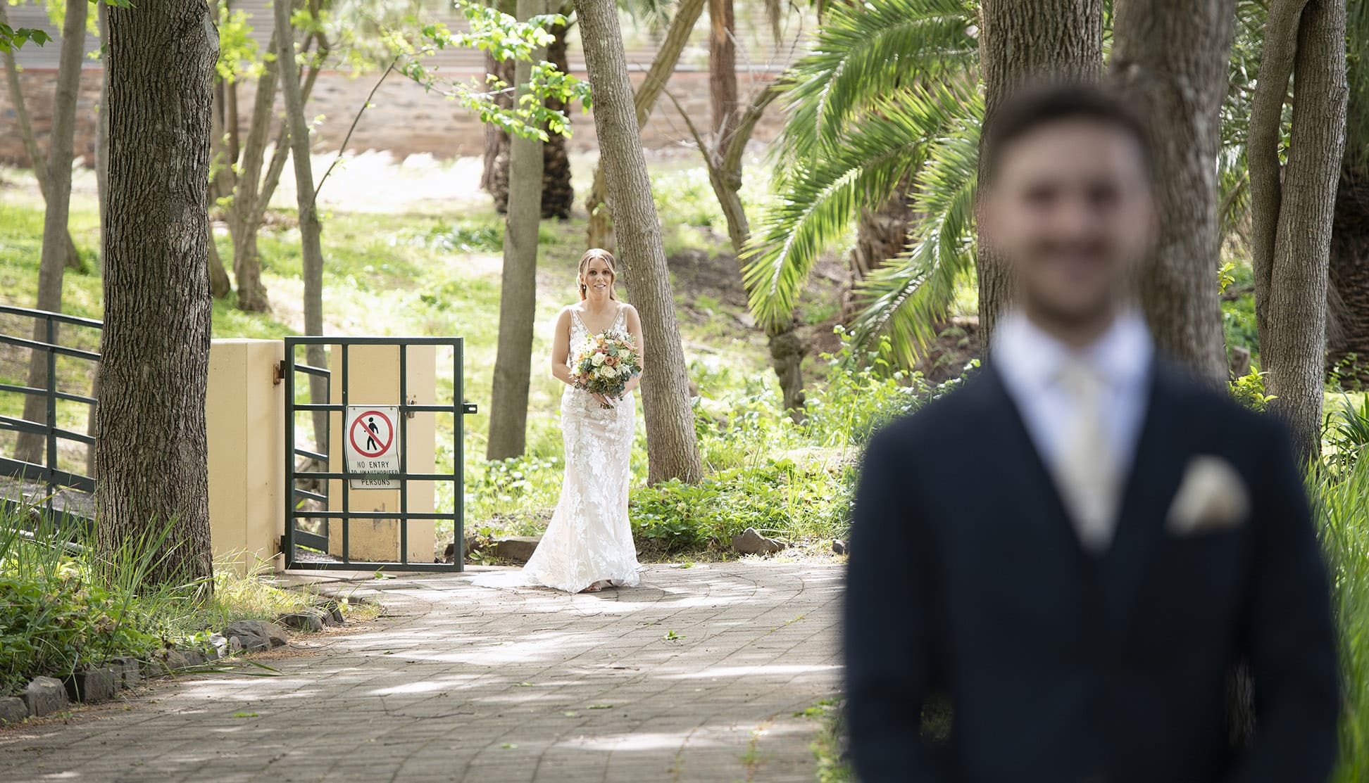 seppeltsfield winery wedding - tahlia & alex 29 bride approaching her groom for their first look
