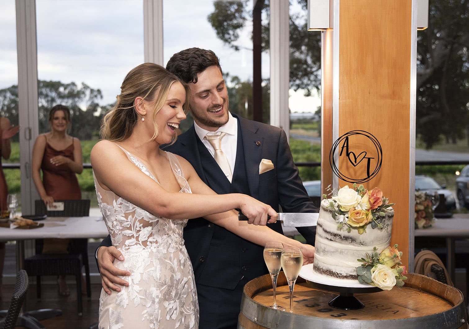 seppeltsfield winery wedding - tahlia & alex 78 Cutting the wedding cake at Harvest Kitchen