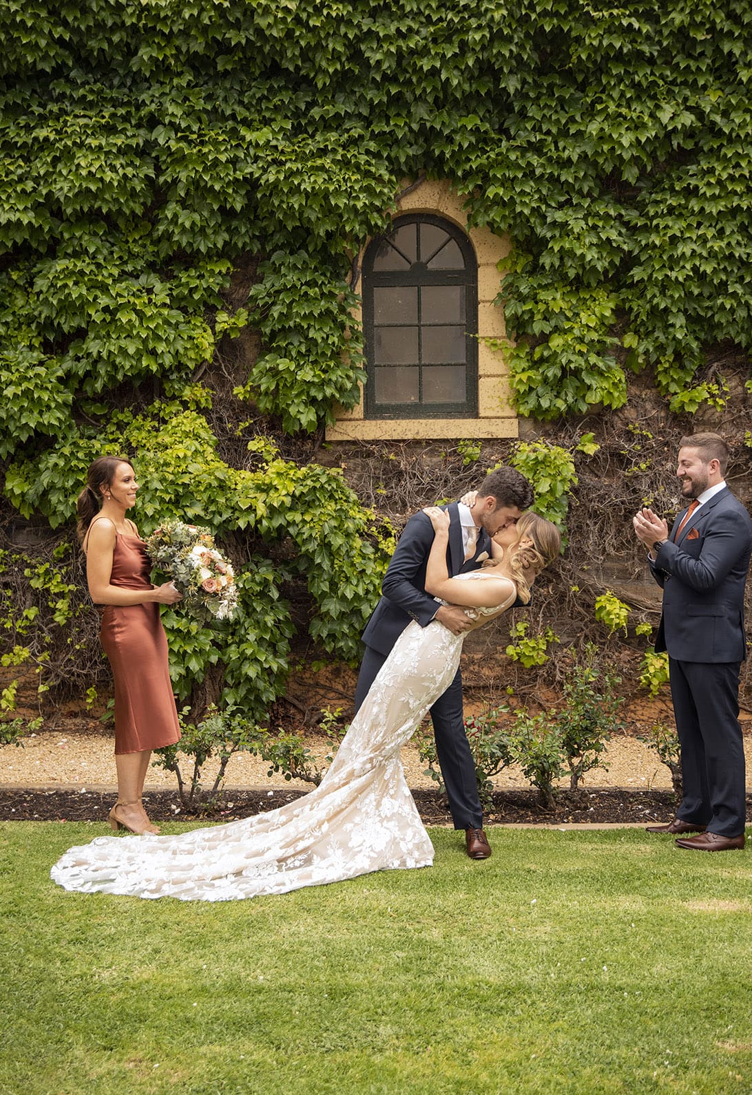 seppeltsfield winery wedding - tahlia & alex 55 First kiss at Seppelsfield winery wedding