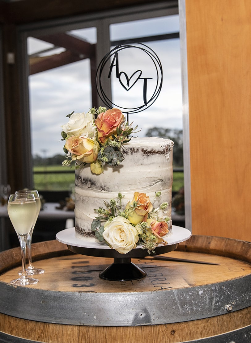 seppeltsfield winery wedding - tahlia & alex 74 Wedding cake on display at Harvest Kitchen