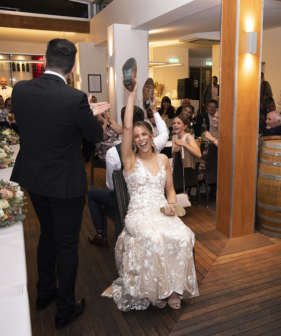 seppeltsfield winery wedding - tahlia & alex 79 Wedding shoe game at Harvest Kitchen