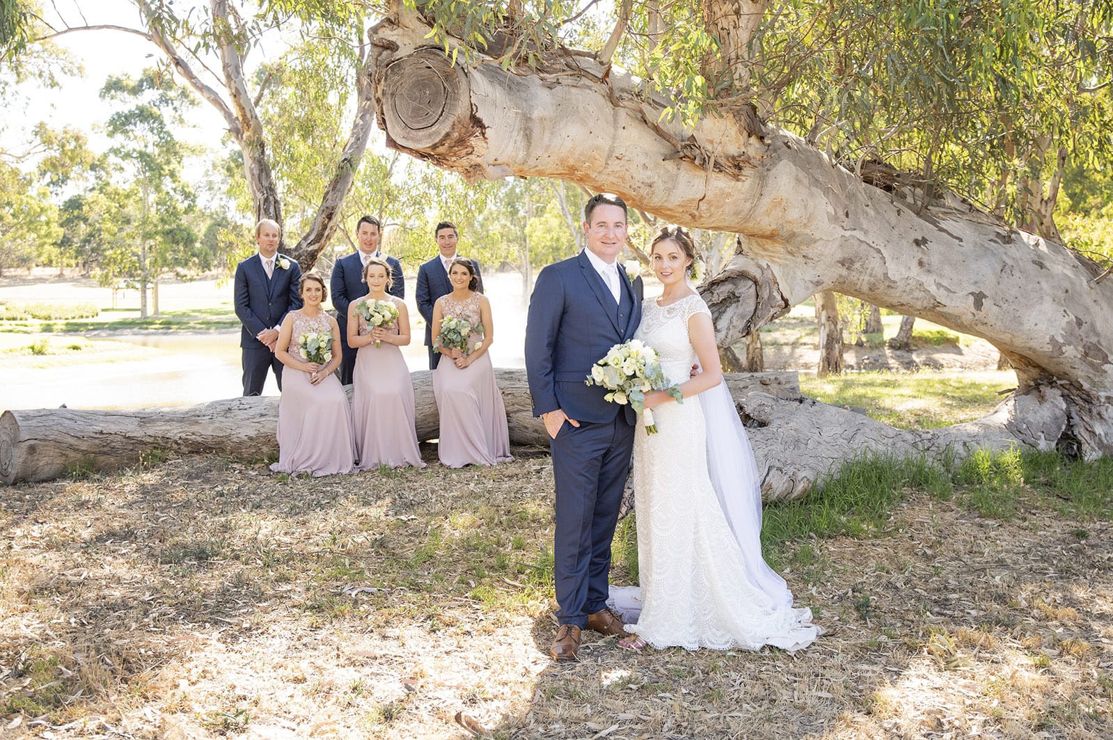 serafino wines wedding - claire & arron 59 Bridal party on the log