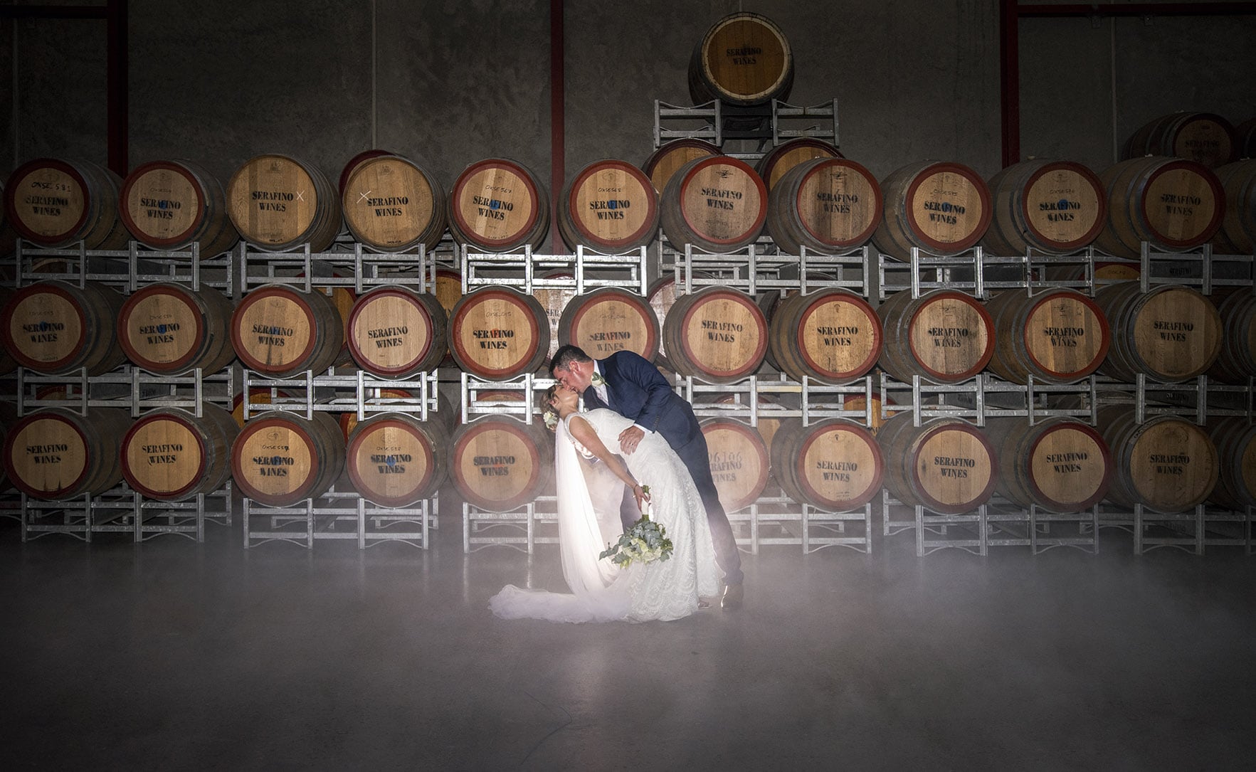 serafino wines wedding - claire & arron 67 Serafino wines wedding photo in barrel room 2