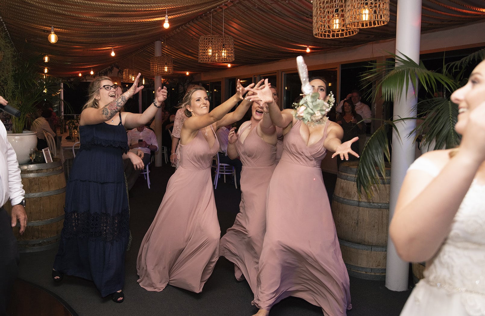 seagrass long point wedding - hobart - georgia & matt 87 Bouquet toss at Seagrass Long Point