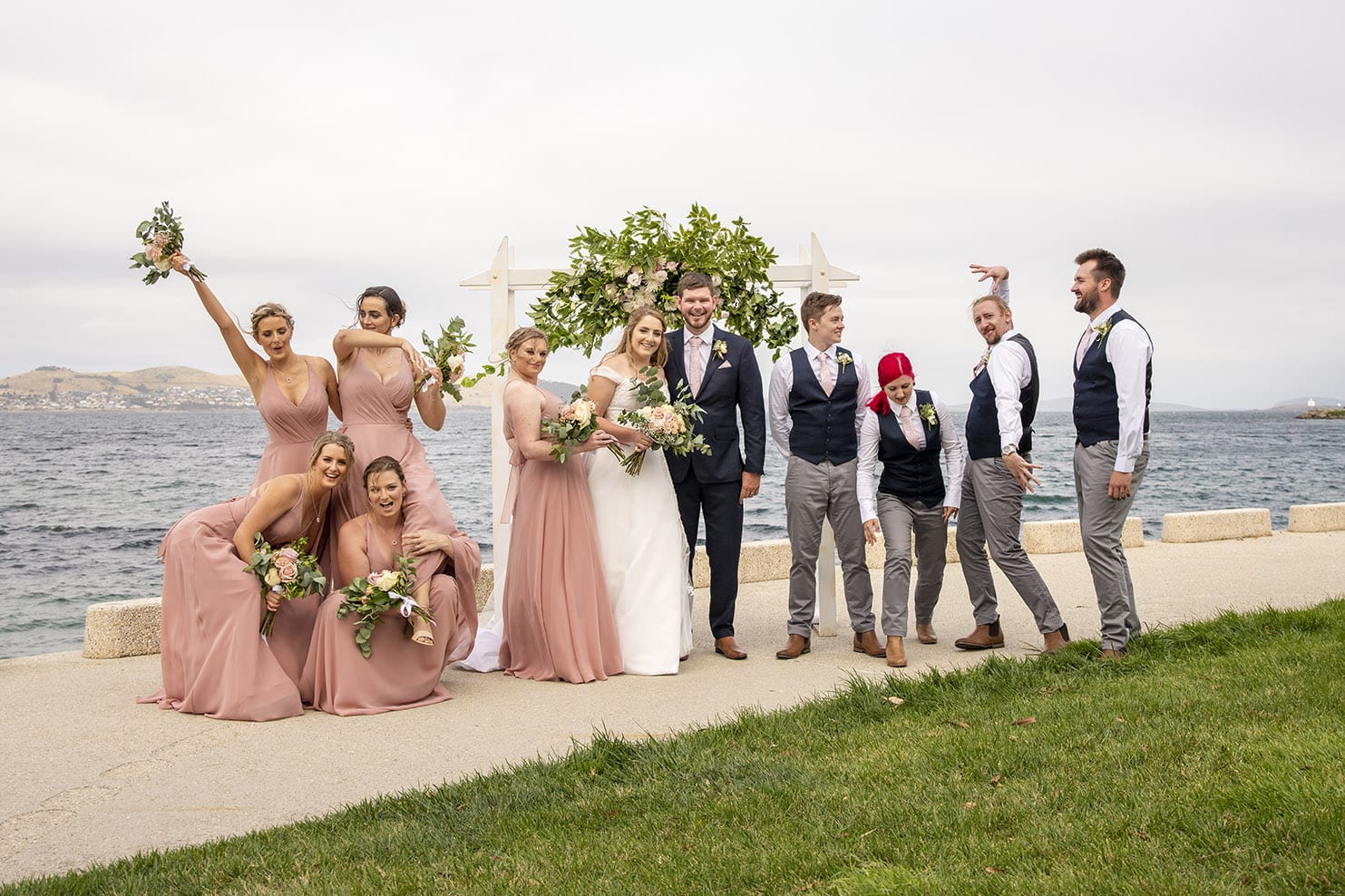 Bridal party group shot infront of Hobart Harbour