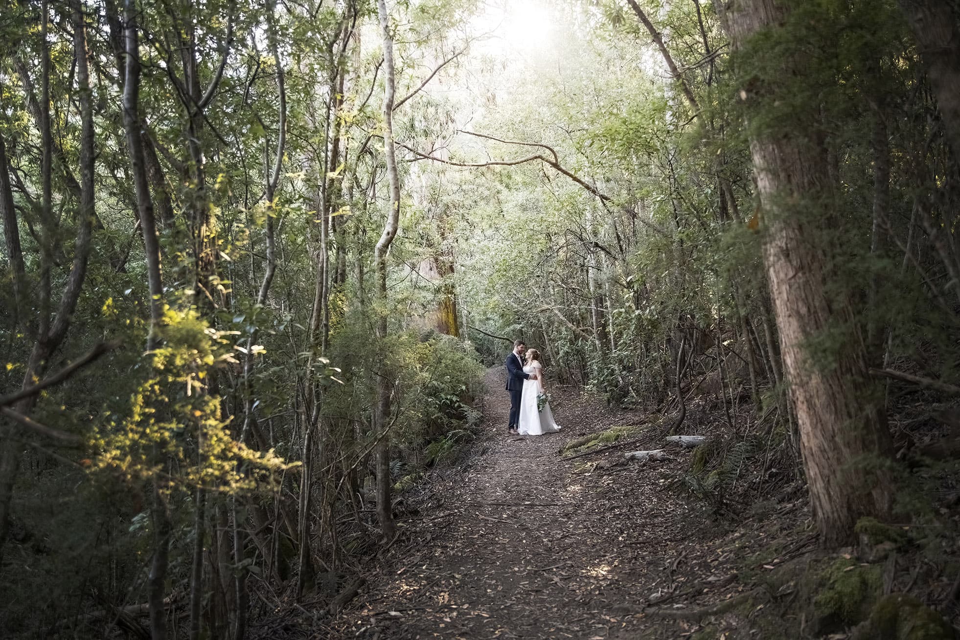 seagrass long point wedding - hobart - georgia & matt 11 bride and groom amongst the Wellington Park Foliage
