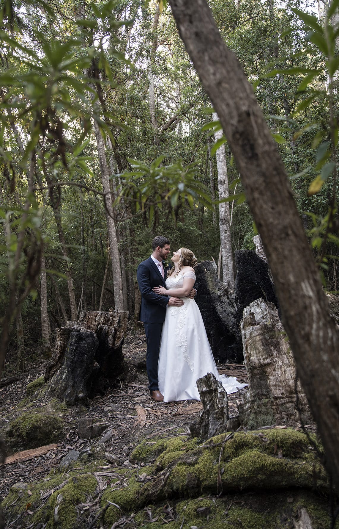 seagrass long point wedding - hobart - georgia & matt 5 bride and groom in burnt out tree stump