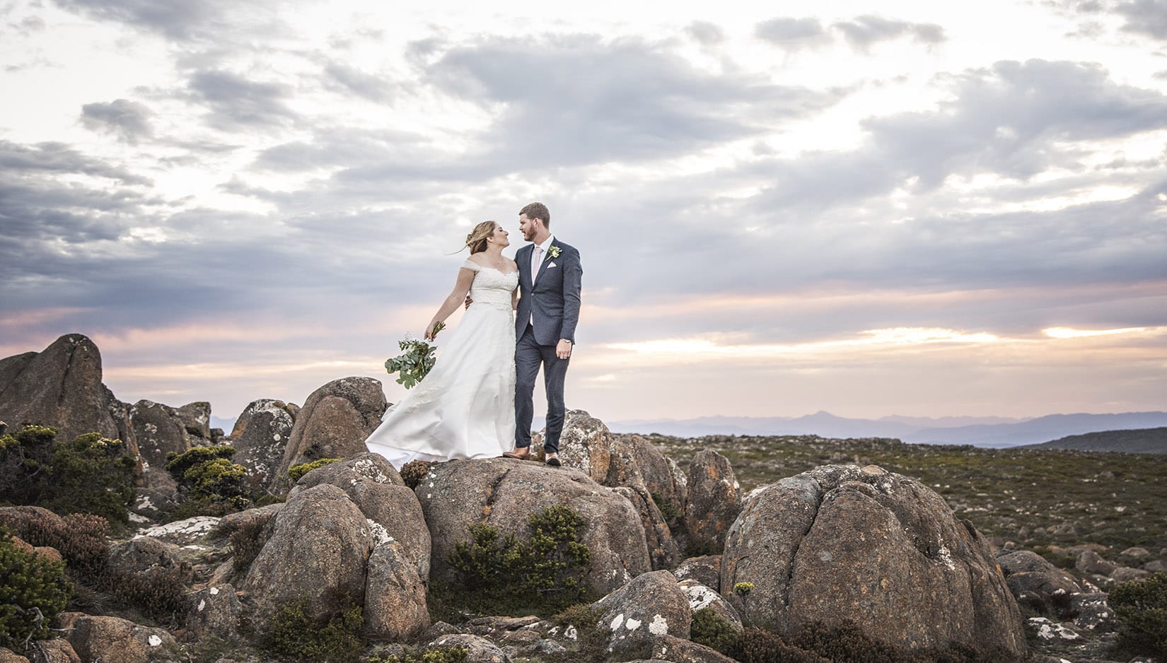 seagrass long point wedding - hobart - georgia & matt 23 Bride and groom on Mt Wellington