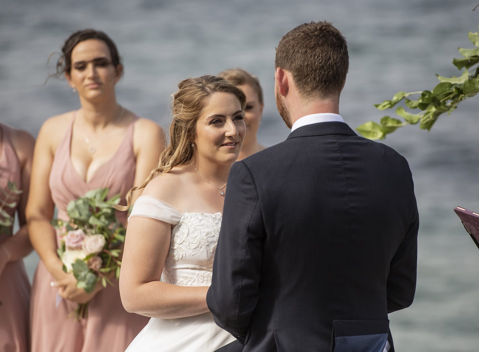 seagrass long point wedding - hobart - georgia & matt 58 Bride lookingat her groom at Seagrass Long Point