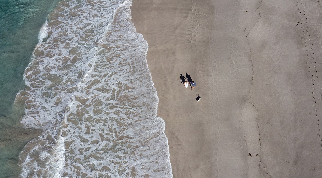 kangaroo island elopement - claire & jacob 39 Aerial view of a couple in wedding attire walking with their dog beside the surf on a Kangaroo Island beach.