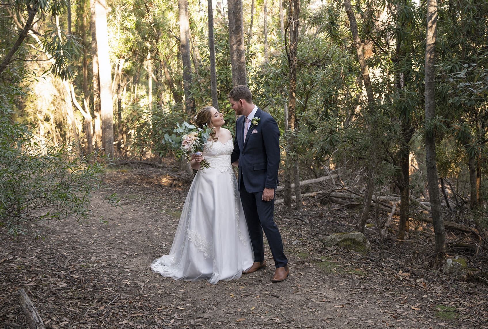 seagrass long point wedding - hobart - georgia & matt 4 Grooms first look in forest