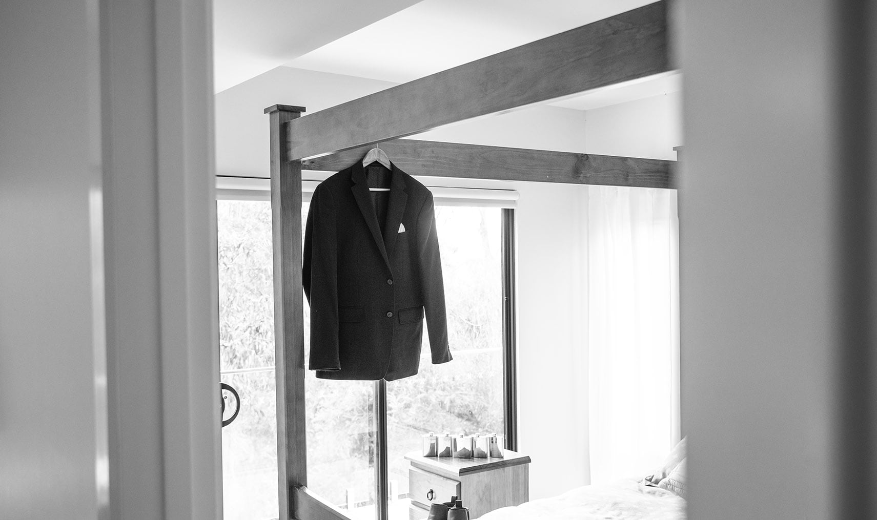 seagrass long point wedding - hobart - georgia & matt 32 Grooms jacket hanging
