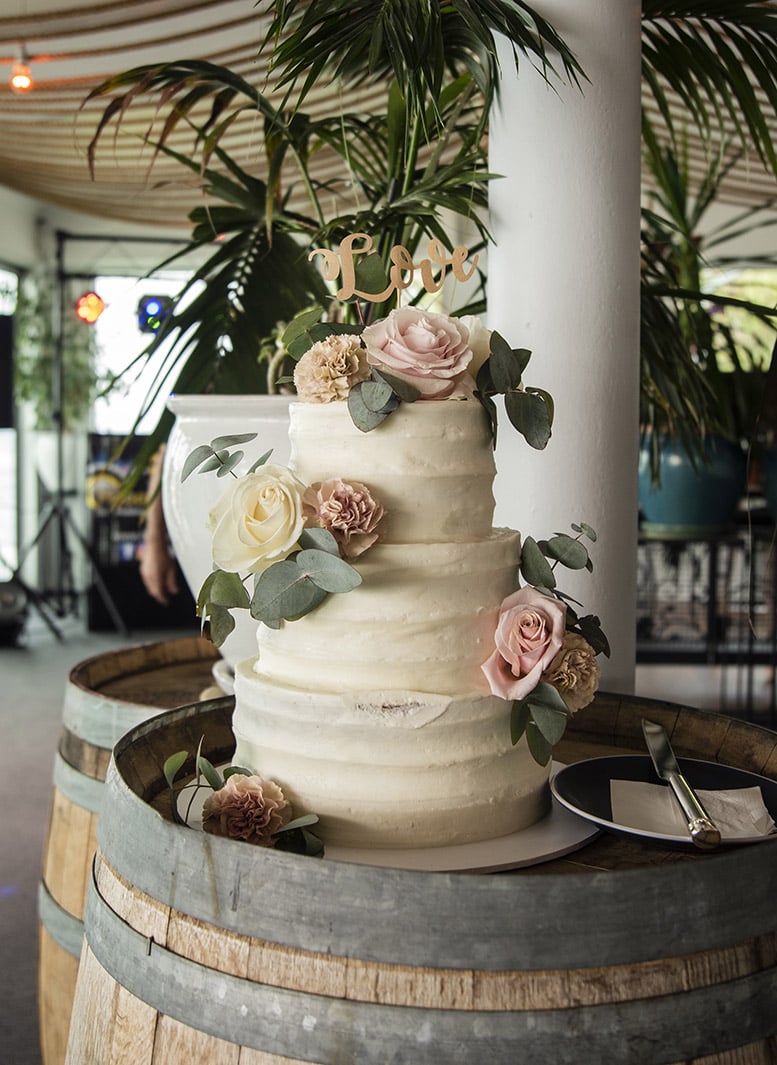 seagrass long point wedding - hobart - georgia & matt 73 Wedding cake on display on barrel