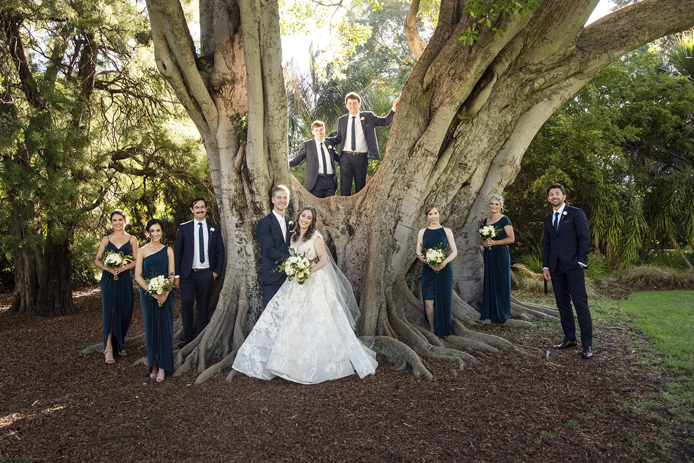 national wine center wedding - pat & kat 157 bridal party surrounding a tree