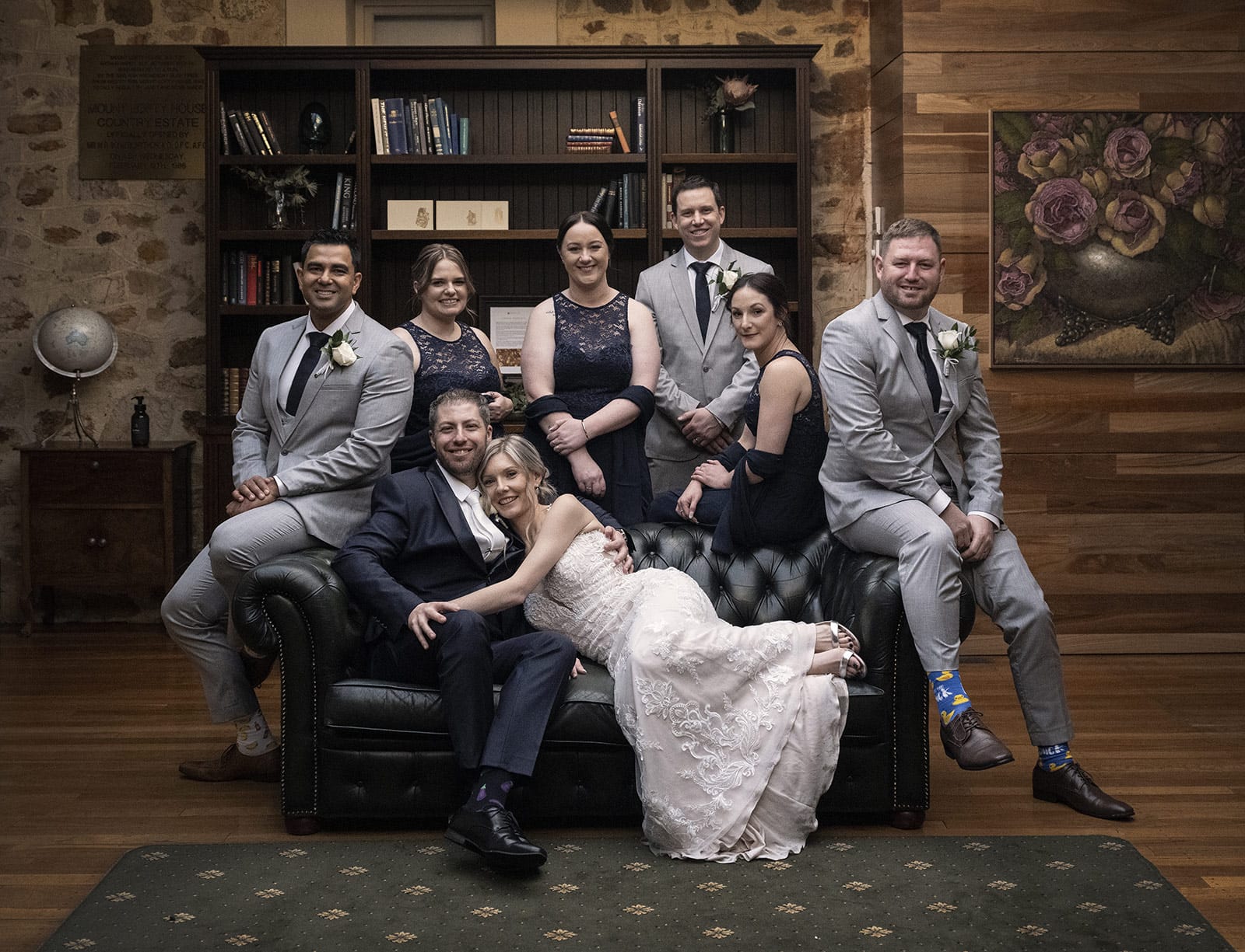 mount lofty house wedding - katrina & lucas 60 Wedding party photo in the Mount Lofty House Library