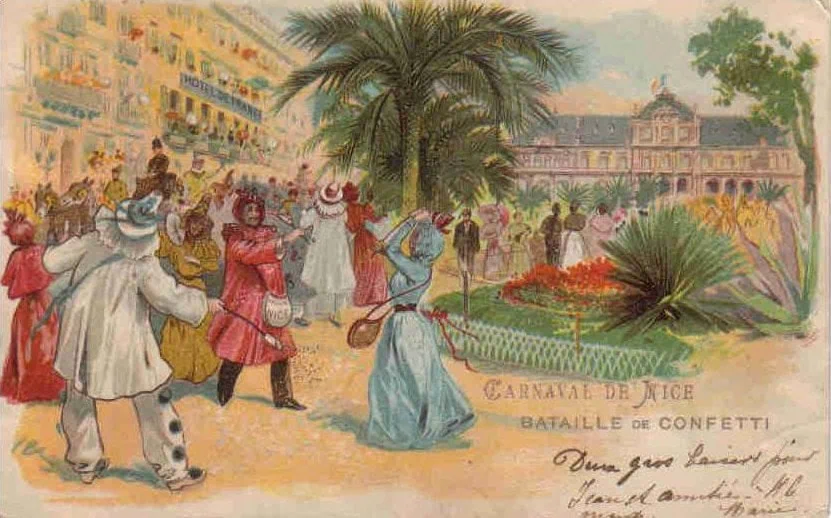 wedding history - why do we throw confetti at weddings? 1 Carnaval de Nice confetti battle with colorful costumes and festive architecture.