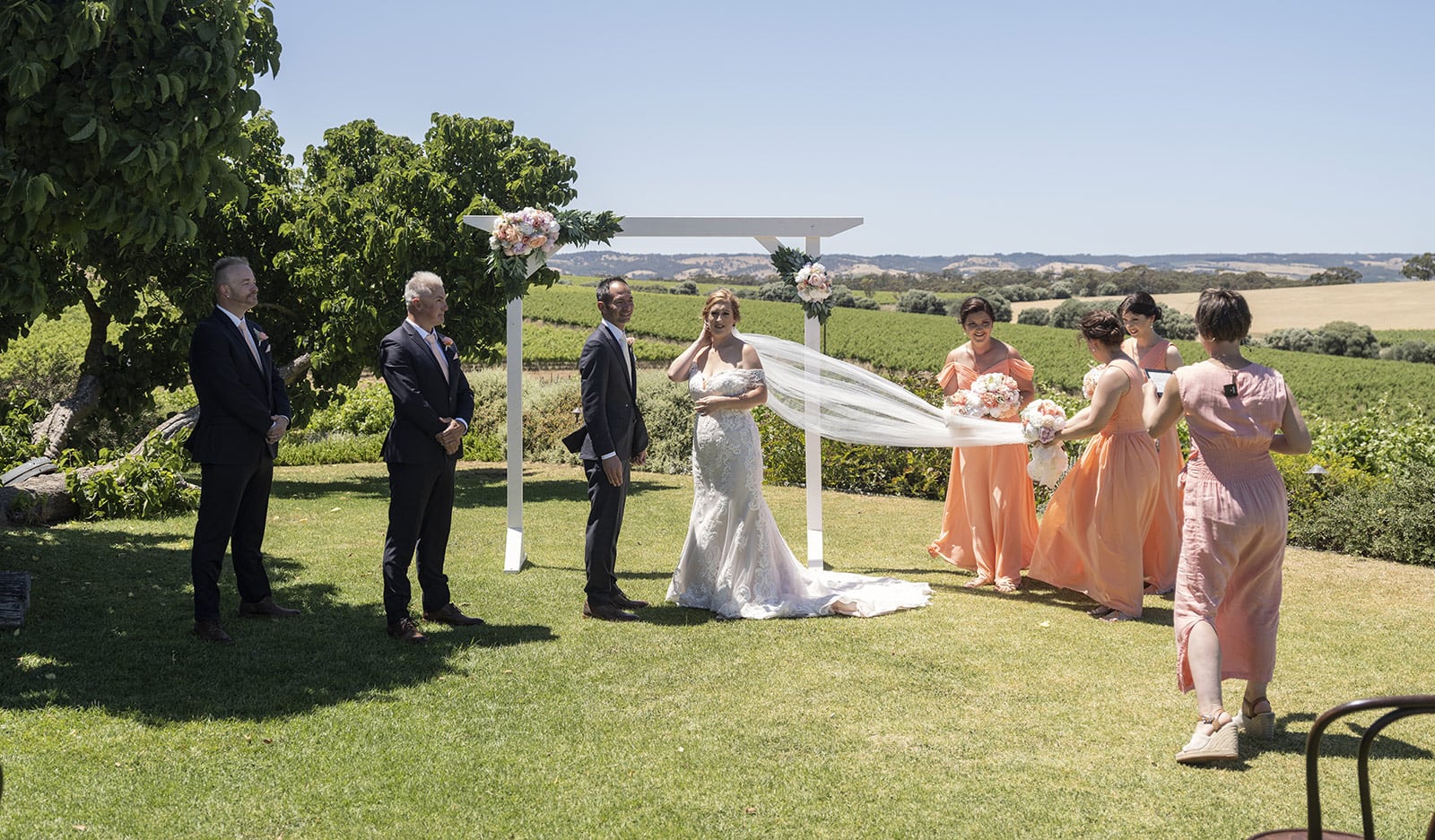 coriole wines wedding - marielle & brendan 46 bridal party under the arbour