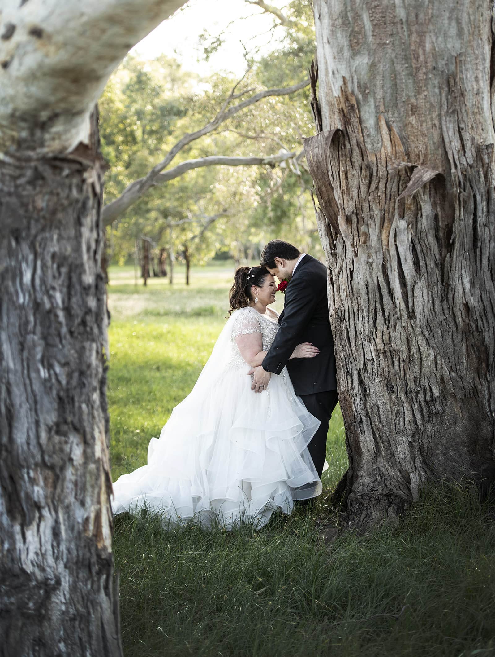 lake breeze wines wedding - cate & renato 41 bride and groom together under gum trees