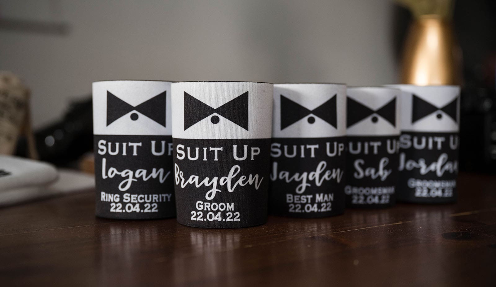 mclaren vale ekhidna wines wedding - kait & brayden 8 Groomsmen stubbie holders