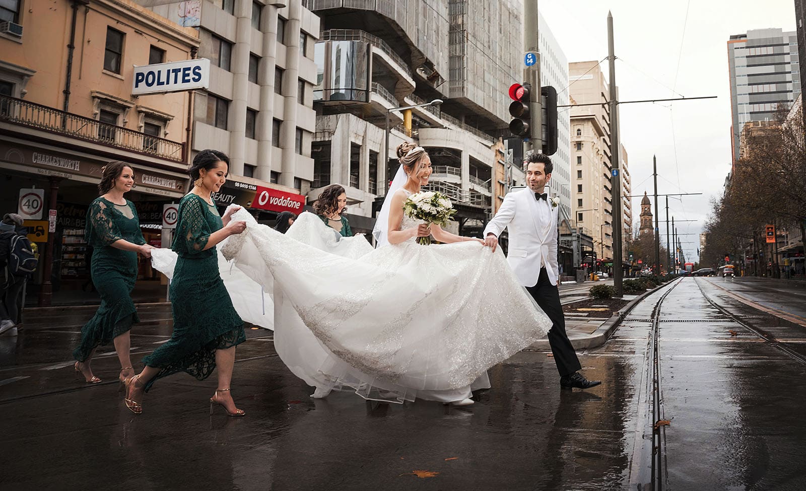 adelaide bridal photoshoot and reception - emre & sara 18 Bridal party crossing King William road