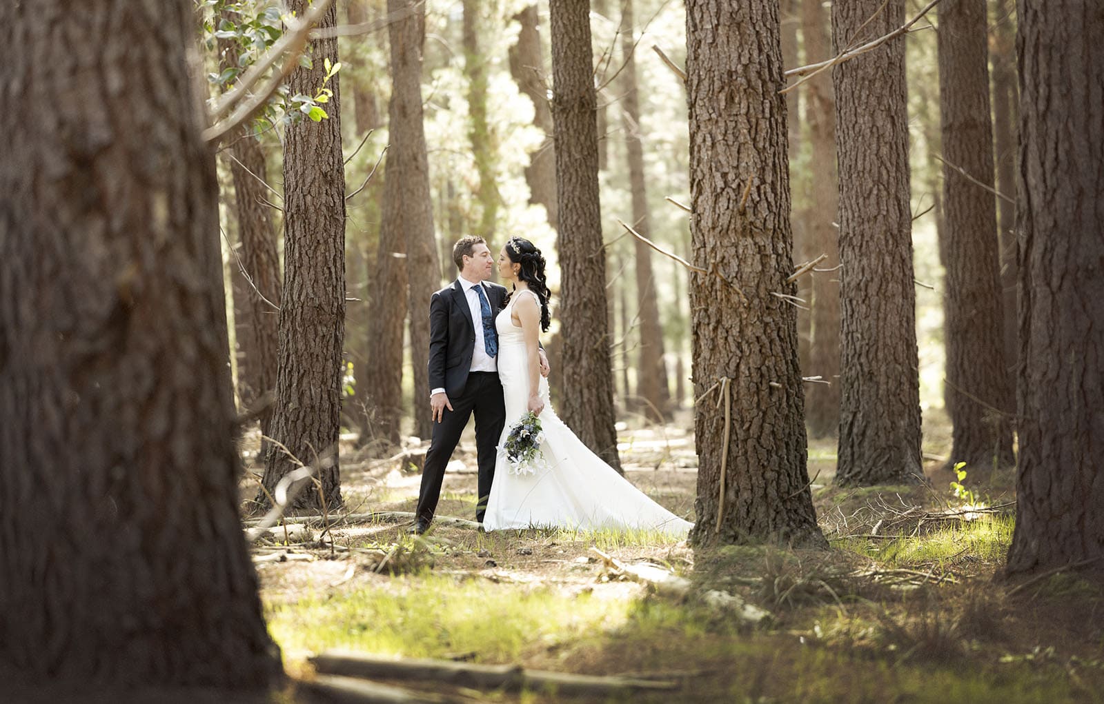 Bride and groom in sunlight between pines