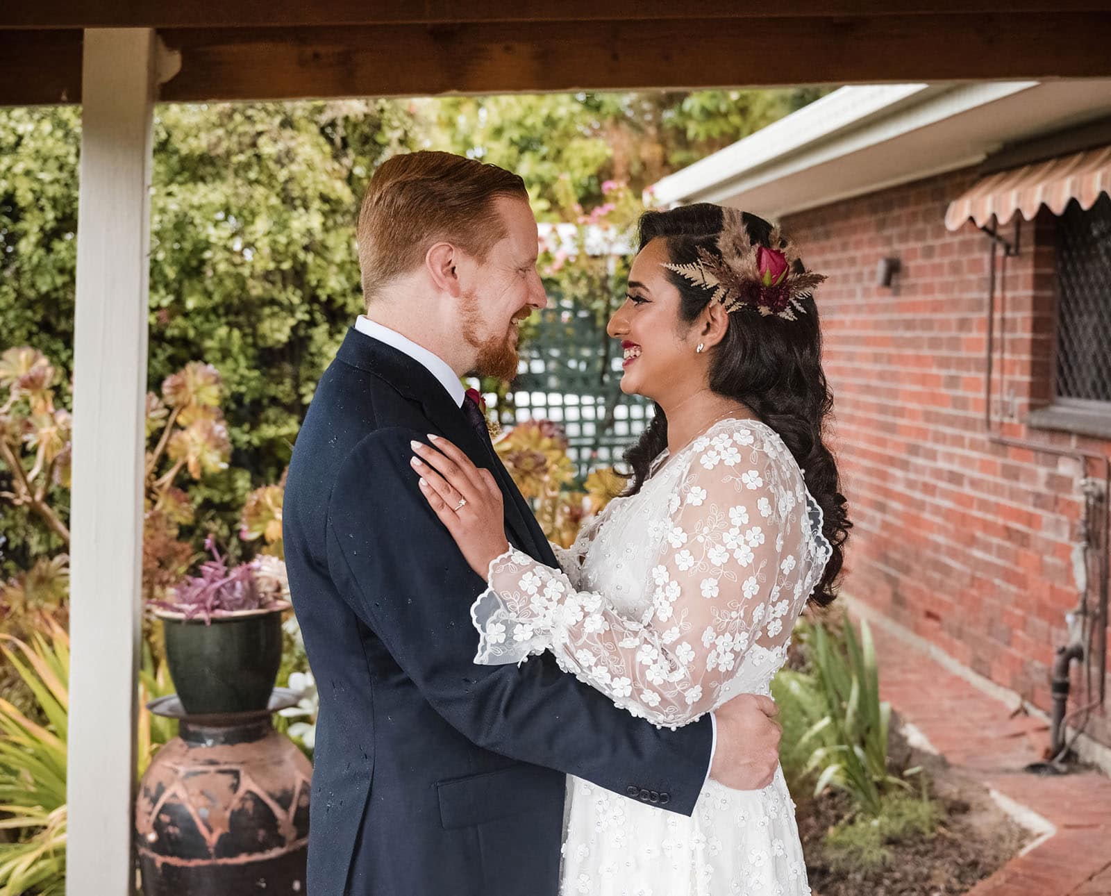 ekhidna winery wedding - chami & bryce 18 Bride and groom cuddle at first look