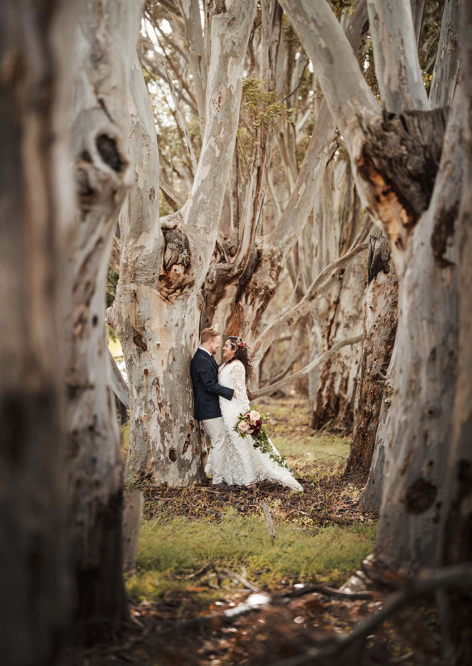 ekhidna winery wedding - chami & bryce 43 Bride and groom in gum tree lane