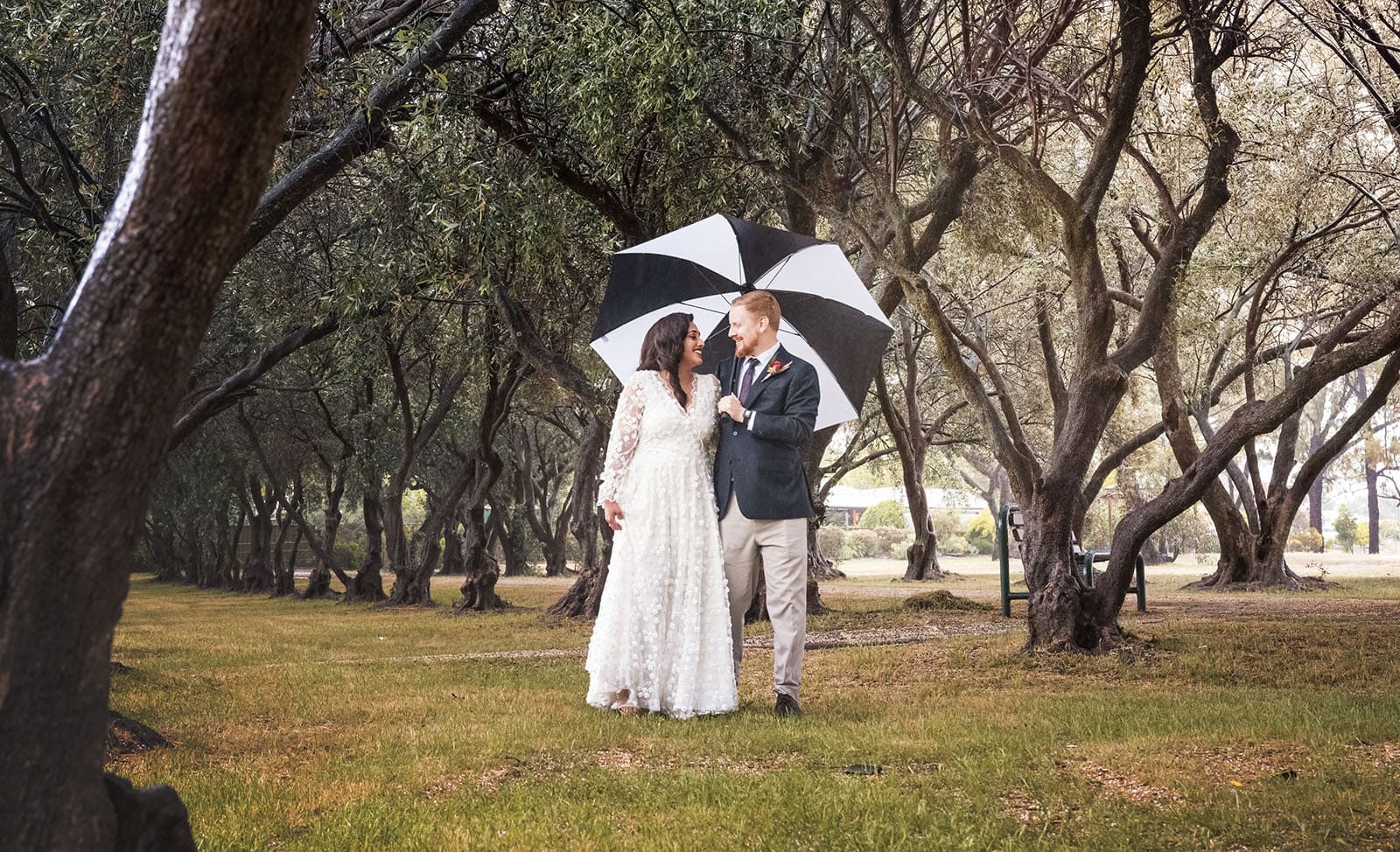 ekhidna winery wedding - chami & bryce 25 Bride and groom walking throug the Olive grove