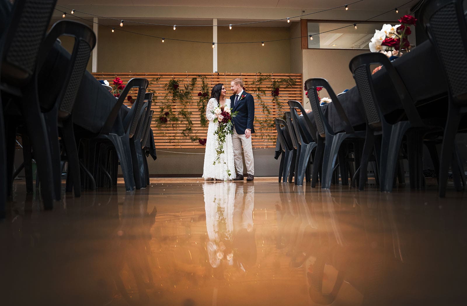 ekhidna winery wedding - chami & bryce 36 Reflections in flooded reception area