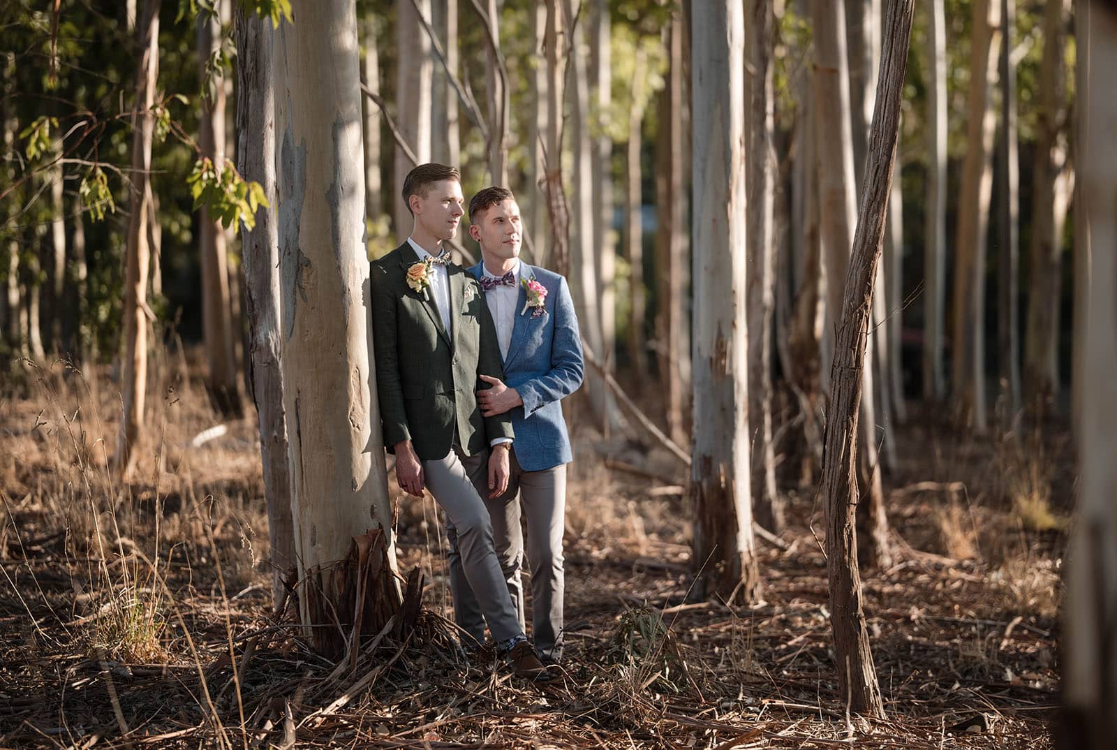 k1 winery wedding - mitch & nick 128 Grooms in gum trees looking off