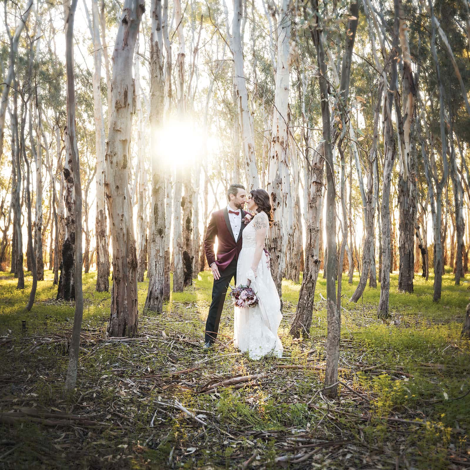 sneakys wedding - ash & michael 93 Bride and groom in young gum trees and sun