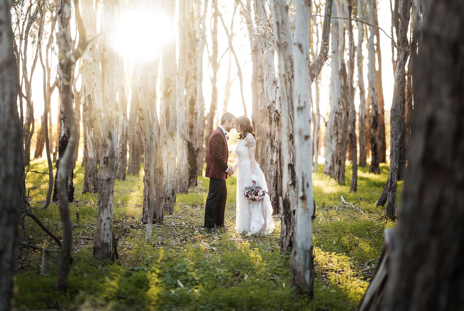 sneakys wedding - ash & michael 92 Bride and groom in young gum trees