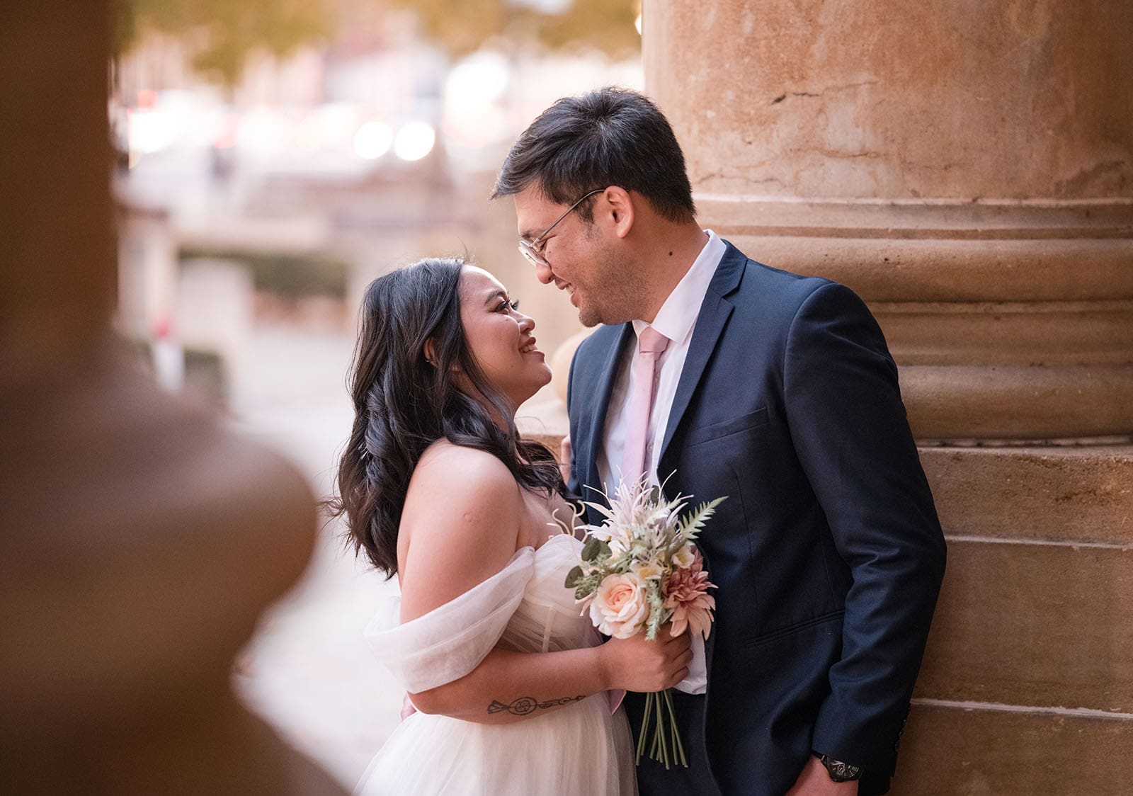 chesser st registration office wedding - khate & angelo 98 Bride and groom on the steps of the Adelaide art gallery