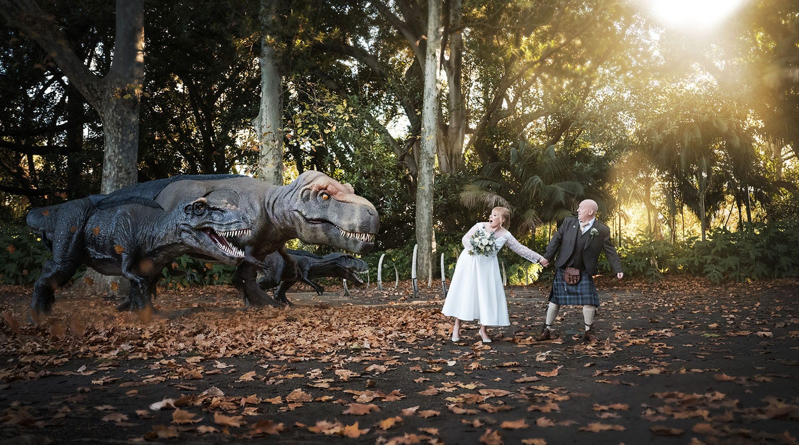 barbershop gazebo wedding, botanic gardens - helen & john 23 bride and groom running from dinosaurs