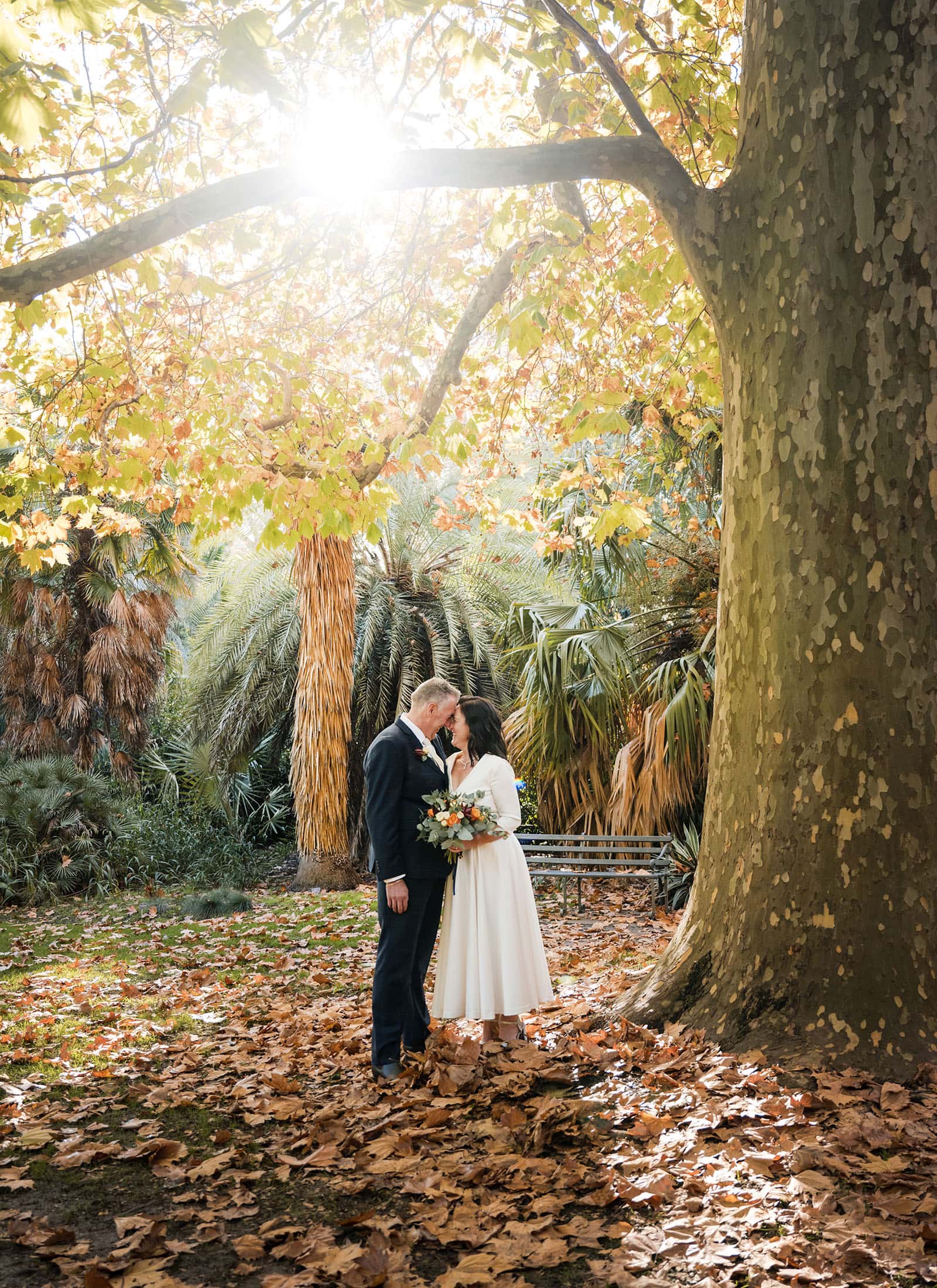 northern palm garden wedding - nicole & daryl 123 bride and groom under yellow leaves