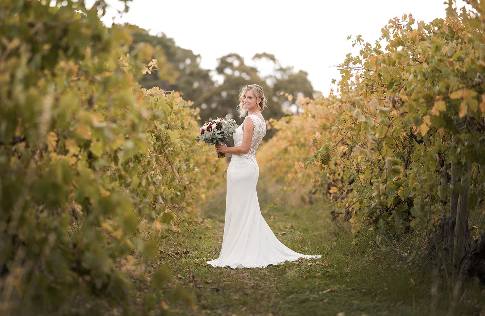 vine shed wedding - kat & katie 211 bride standing alone in vineyard