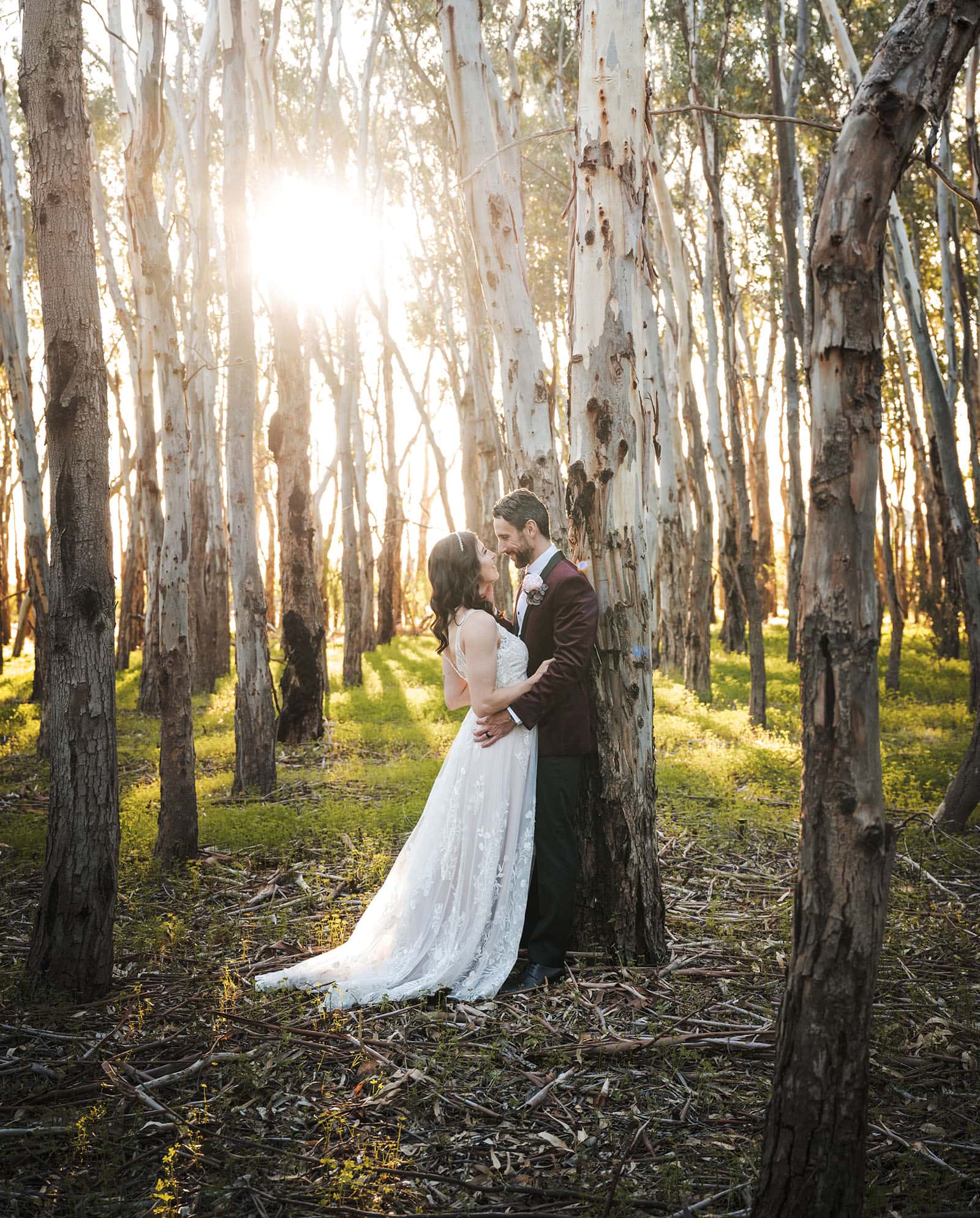 sneakys wedding - ash & michael 97 Married couple in young gum trees