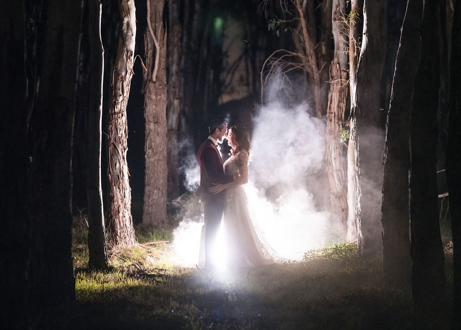 sneakys wedding - ash & michael 105 Smoke and light in Sneakys forest