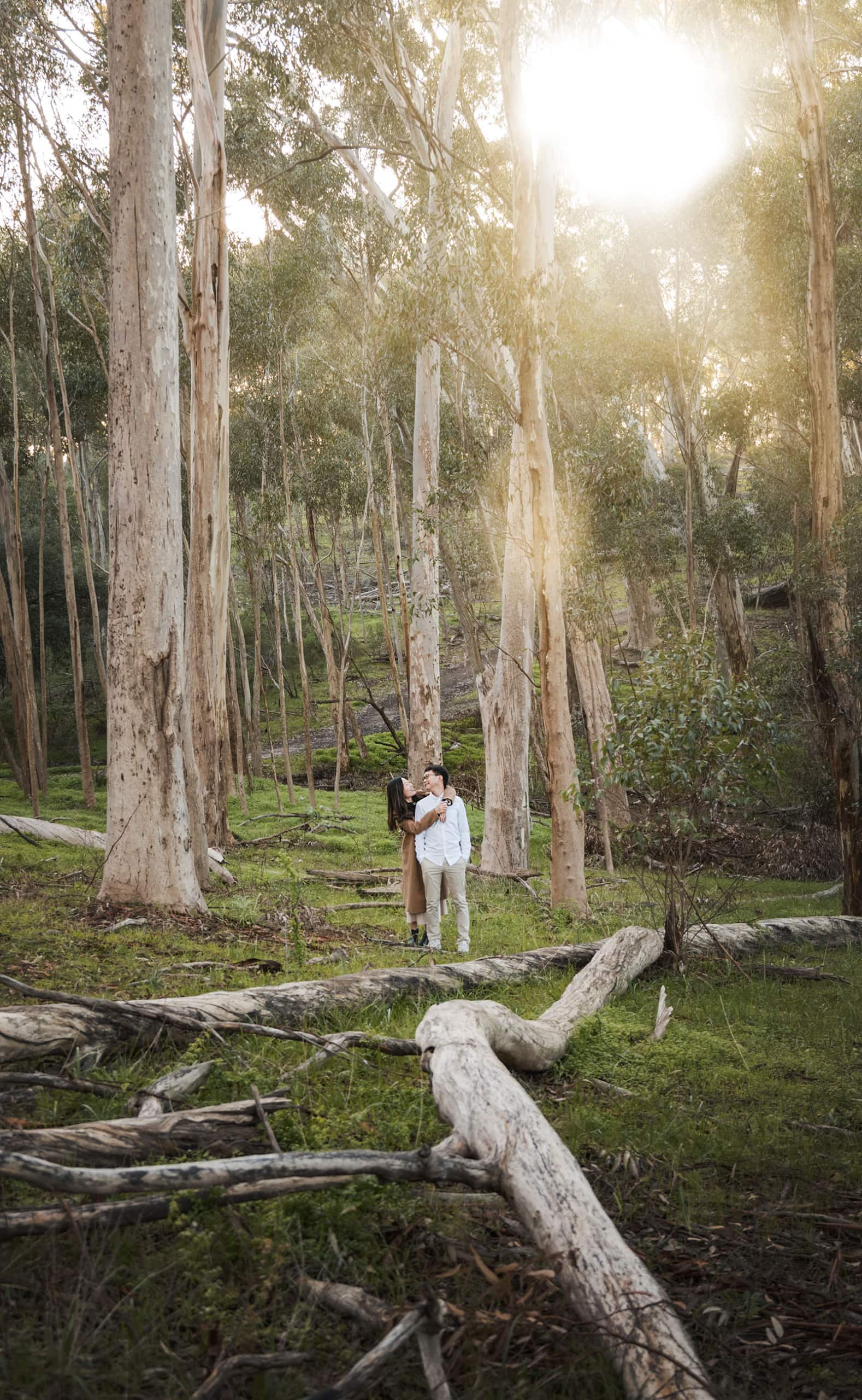 belair train station engagement shoot - melody & chris 91 Couple deep in forest with sunlight