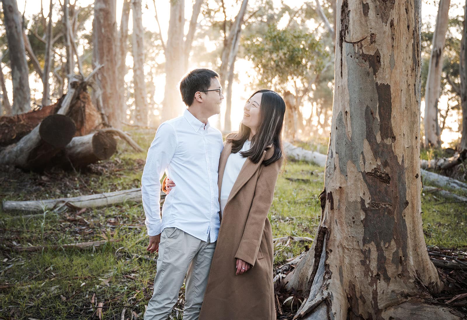 belair train station engagement shoot - melody & chris 96 Couple in the sunlight and gum trees