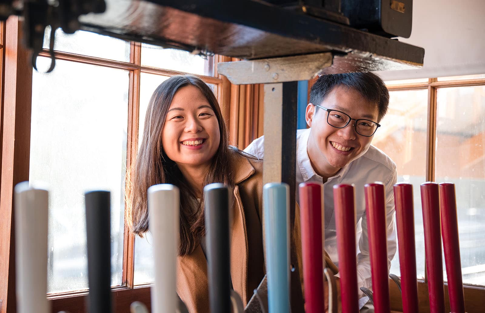 belair train station engagement shoot - melody & chris 112 Couple inside the railway control room