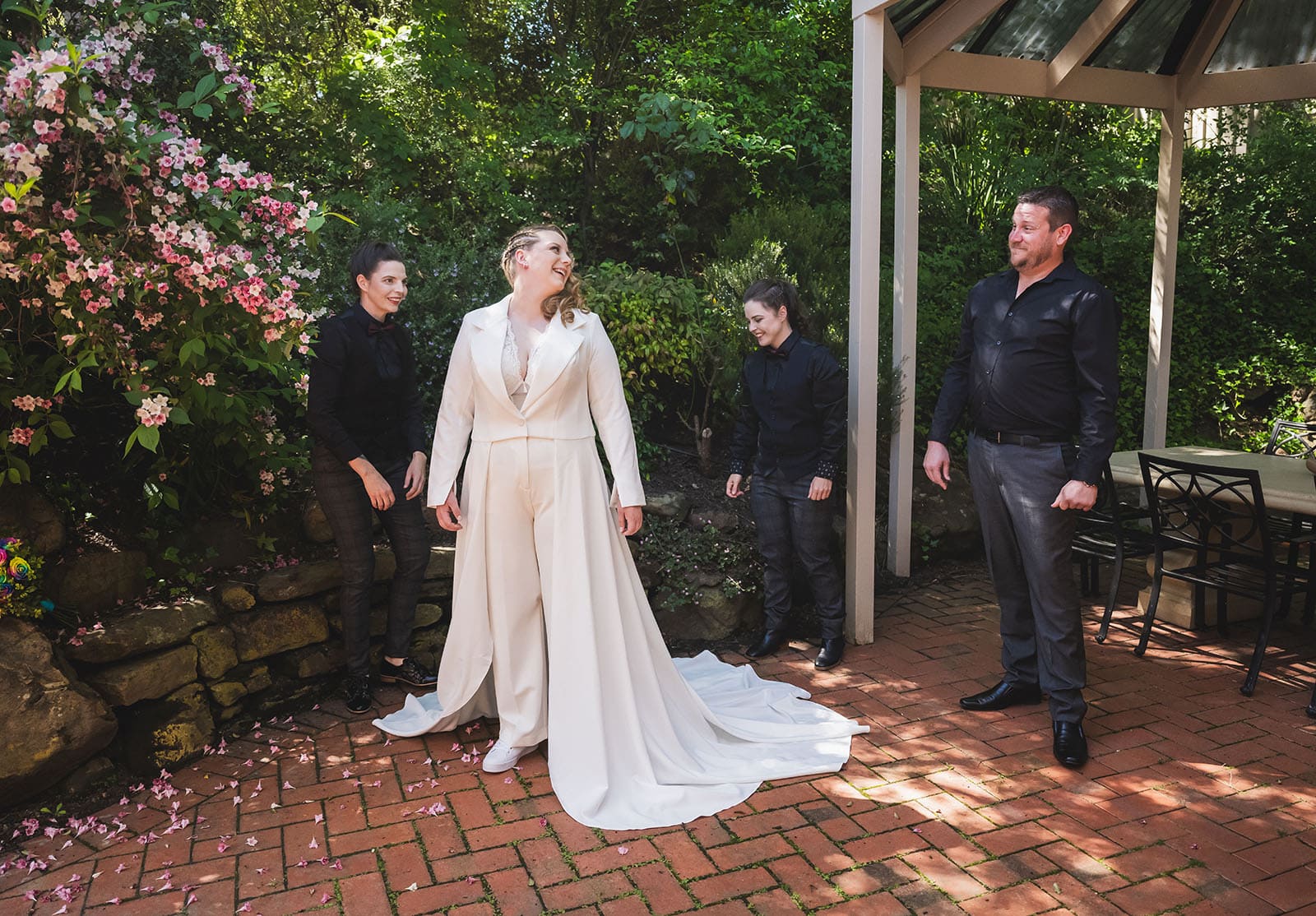 tiny house on the prairie wedding - kat & stacey 72 Bridal party fussing over bride