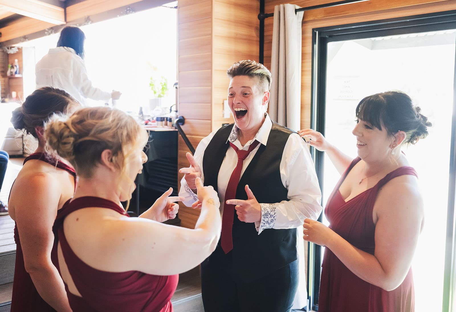 tiny house on the prairie wedding - kat & stacey 61 Bridesmaids having fun prepararing