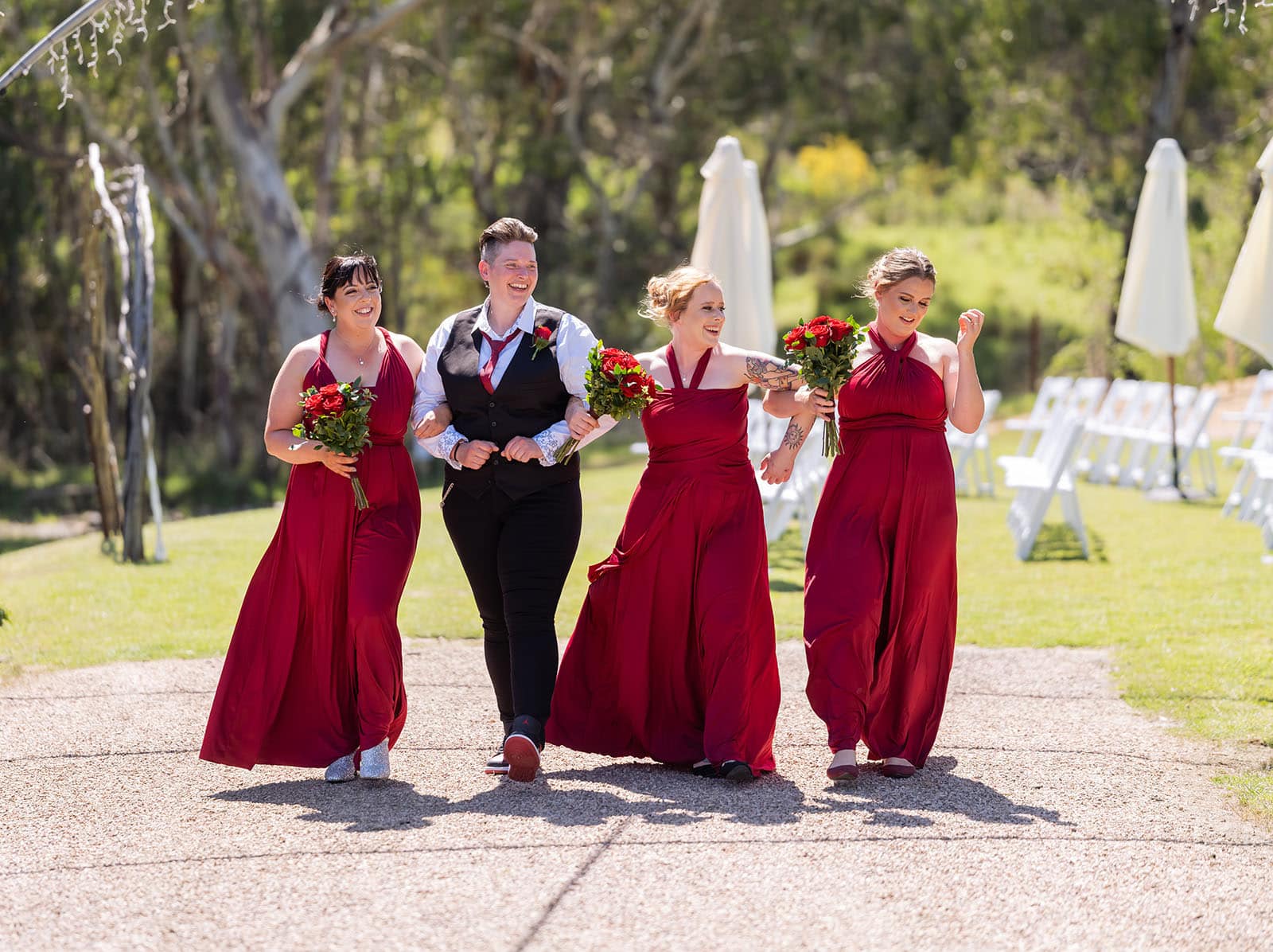 tiny house on the prairie wedding - kat & stacey 66 Ladies walking away from ceremony