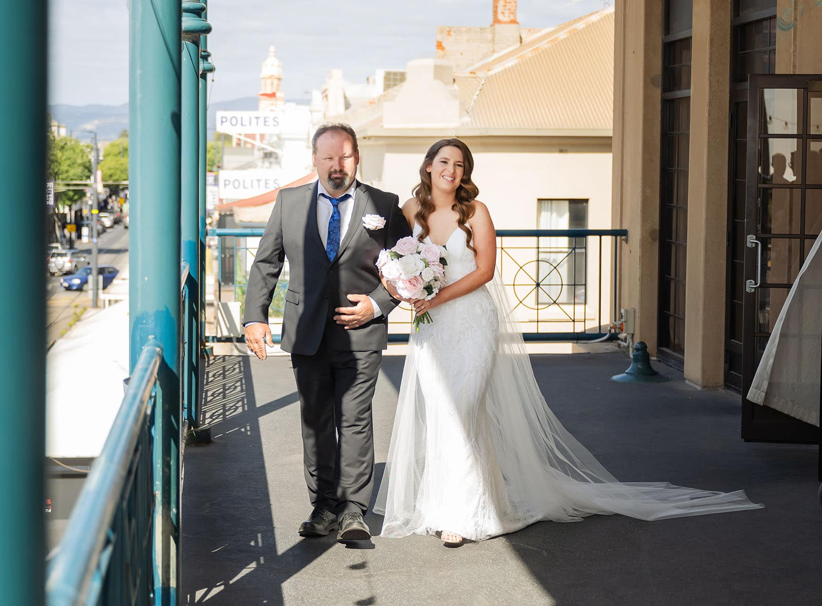 stamford grand wedding - jess & tim 61 Bride approaching ceremony with Father