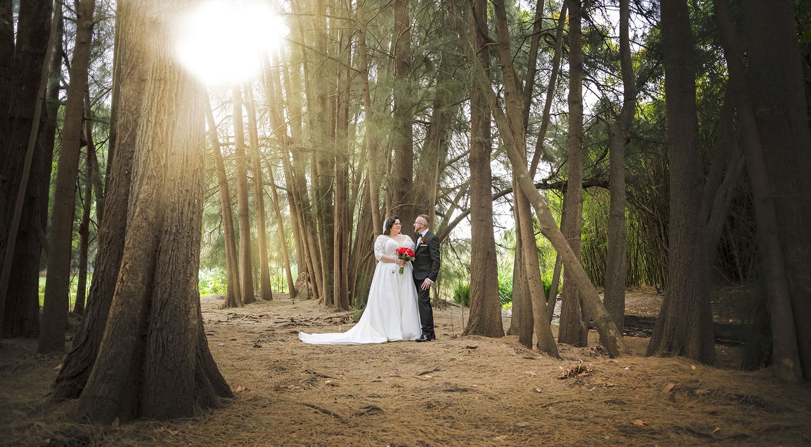 botanic gardens palm house wedding - kelly & david 115 Kelly and David standing together beneath tall trees, with sunlight filtering through the forest canopy