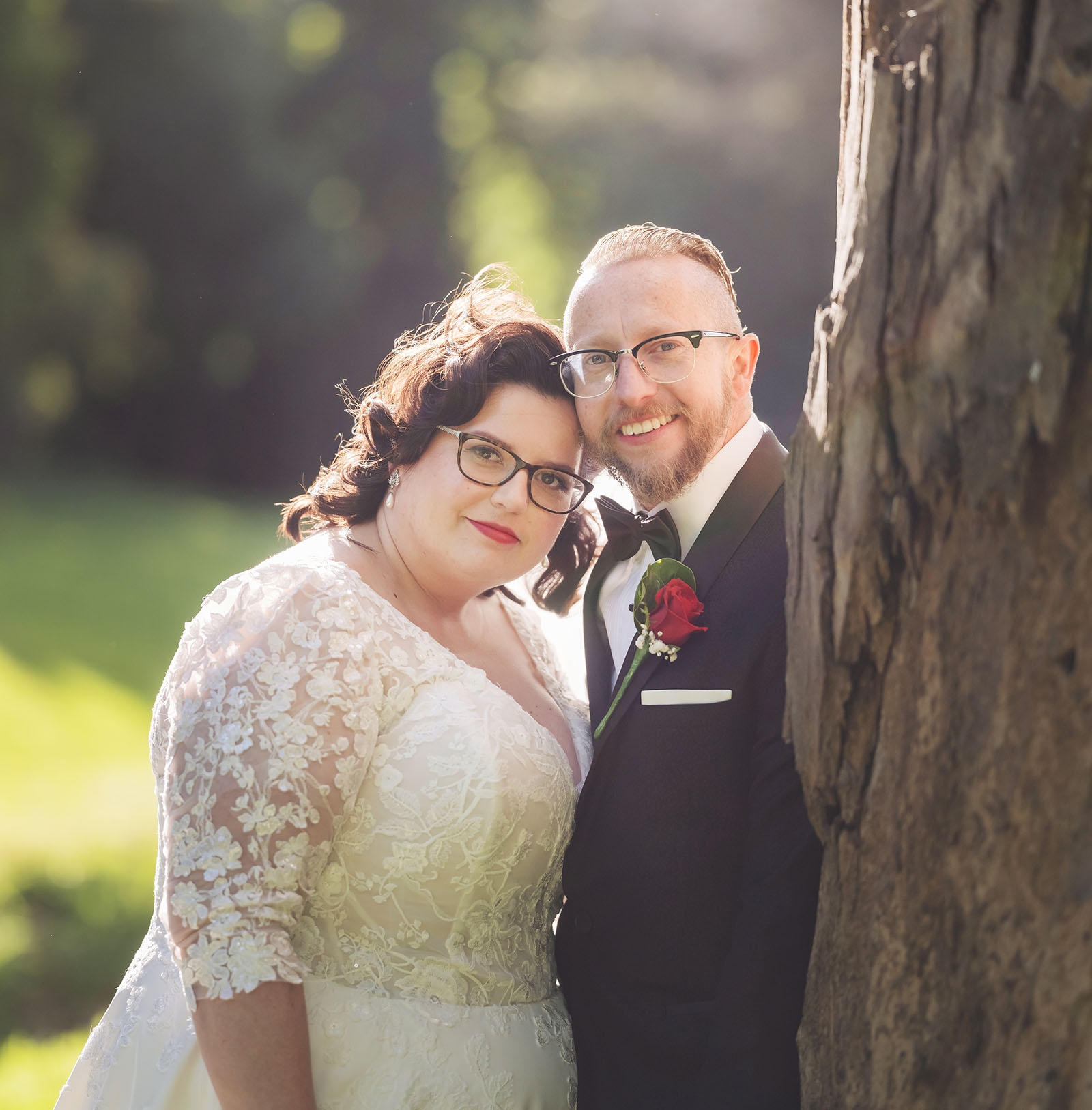 botanic gardens palm house wedding - kelly & david 105 Kelly and David in wedding attire leaning beside a tree at Adelaide Botanic Gardens
