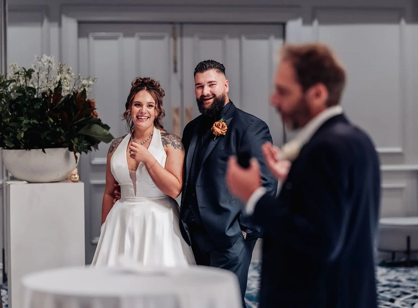 botanic gardens, araucaria avenue wedding - jade & hazim 70 Bride and groom smiling at elegant wedding reception.